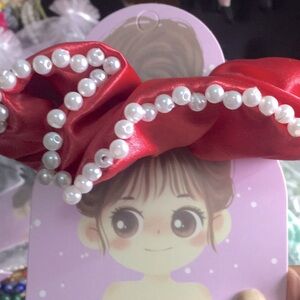 05 XL Red Satin Scrunchie with Faux Pearls Accent